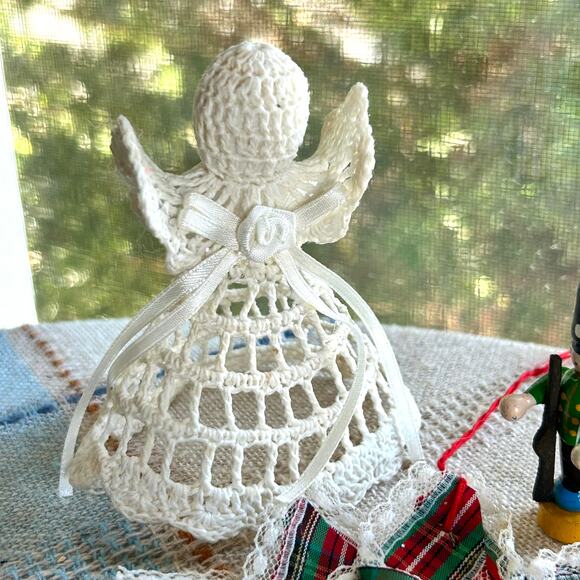 6 Vintage Christmas Ornaments Handmade Crochet Angel, Soldier, Wreath & More - Picture 2 of 10